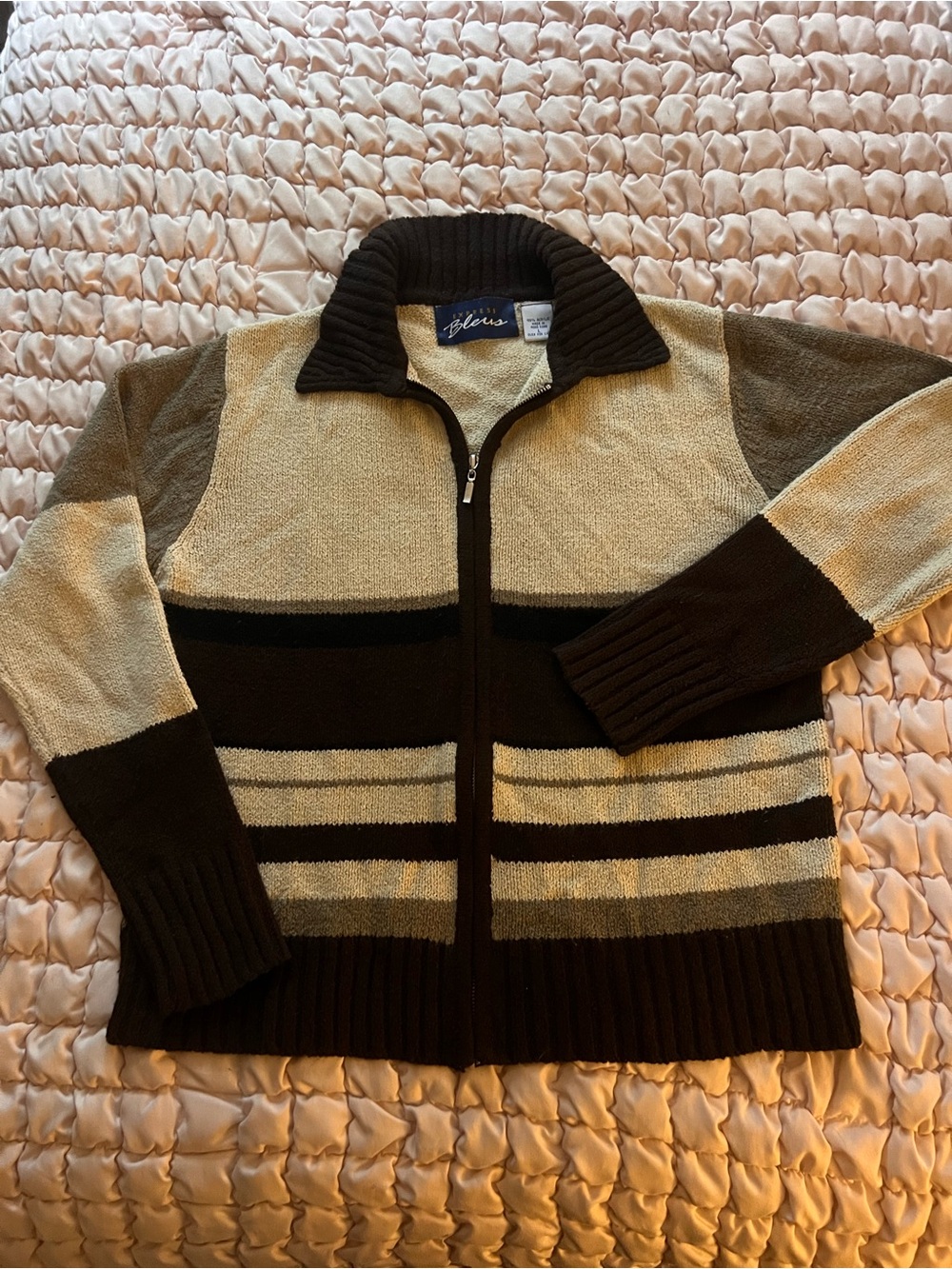 Y2K Express Blues Full-Zip Striped Sweater- Black & Cream